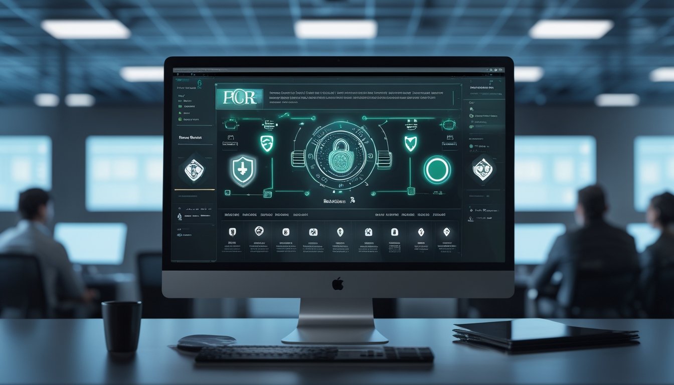 Pusat operasi keamanan siber menggabungkan platform poker online dengan simbol perlindungan data, autentikasi, dan deteksi ancaman.