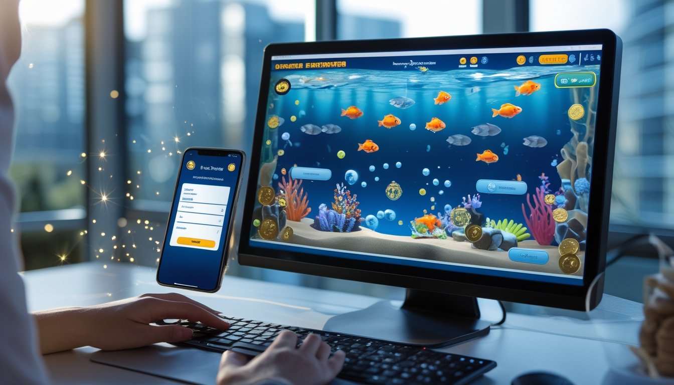 Tangan seseorang mengatur akun permainan ikan di depan komputer dan ponsel.