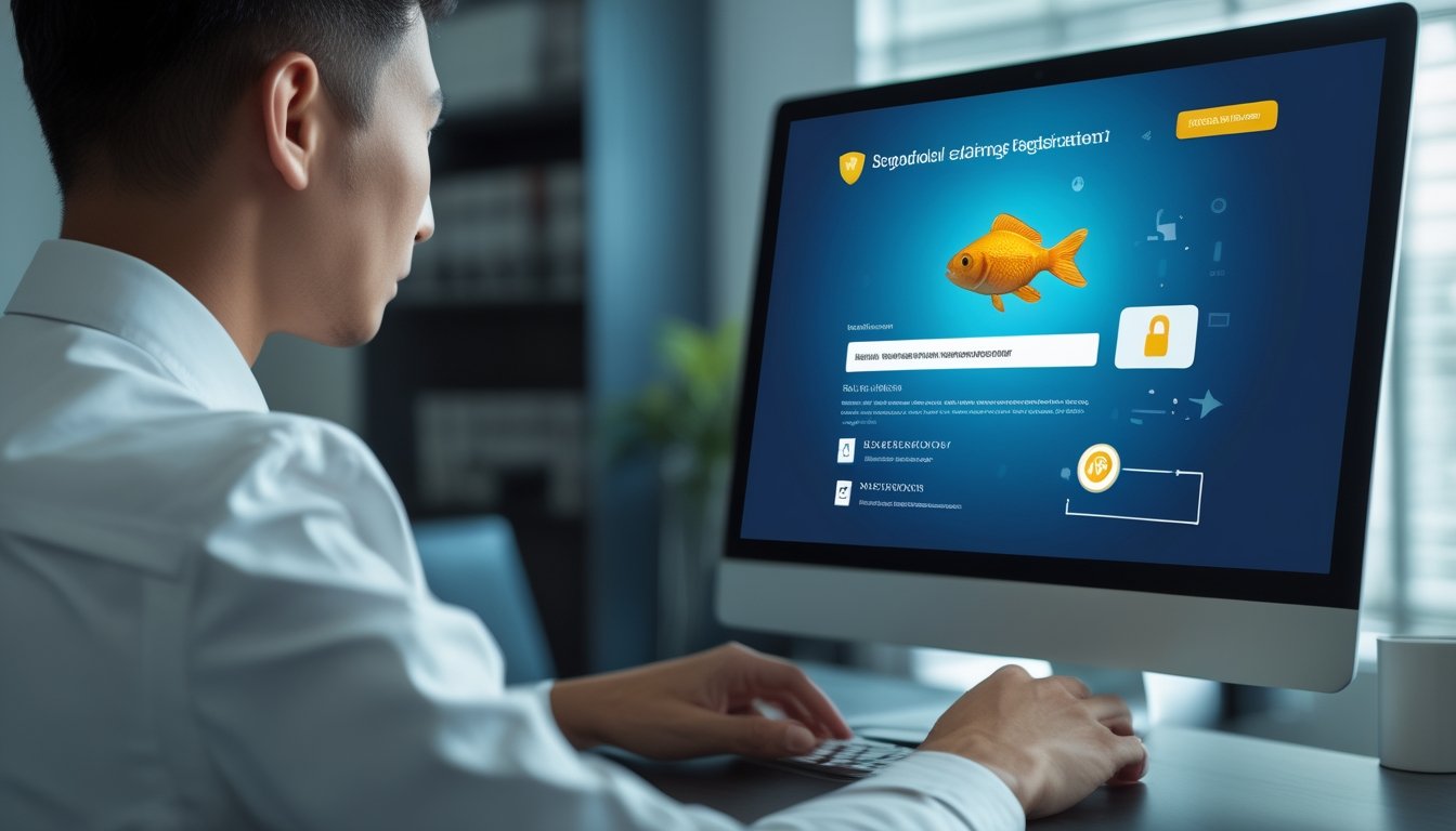 Orang dewasa memeriksa pendaftaran akun digital yang aman di laptop dengan simbol perisai dan gembok.