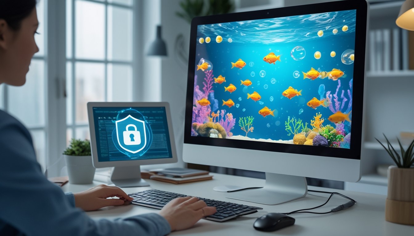 Seseorang menggunakan komputer untuk permainan ikan virtual dengan simbol perlindungan keamanan digital di ruang kerja modern.