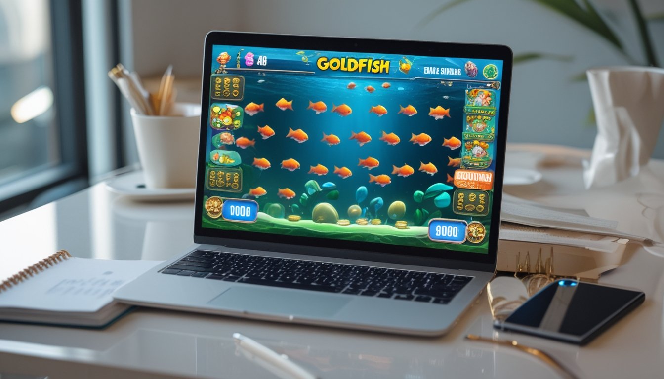 Laptop dan ponsel menampilkan permainan ikan mas digital di atas meja kerja dengan buku catatan dan cangkir kopi.
