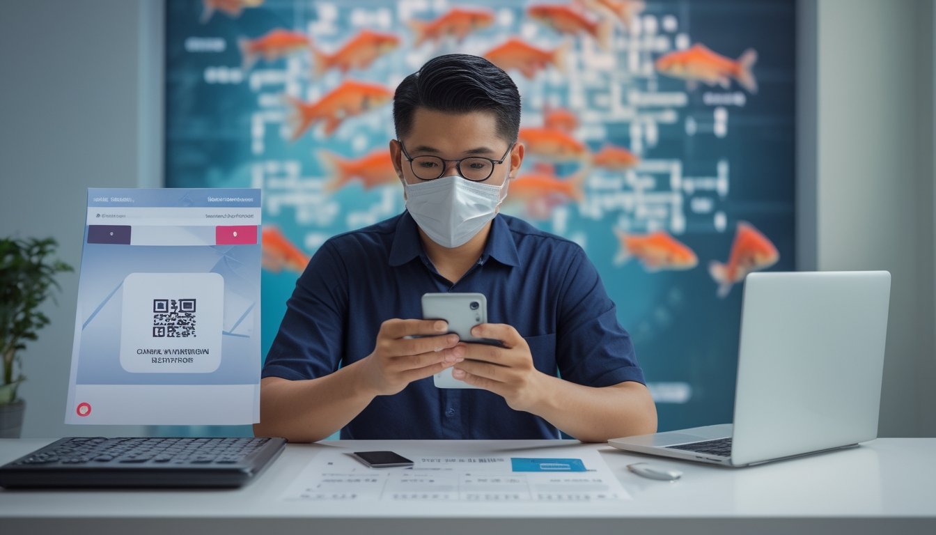 Seseorang memeriksa pembayaran digital dan dokumen risiko di meja kerja dengan latar akuarium ikan mas.