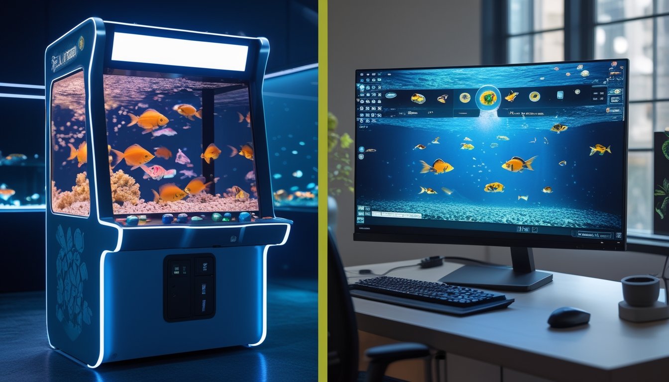 Perbandingan mesin permainan tembak ikan fisik dengan versi online pada layar komputer.