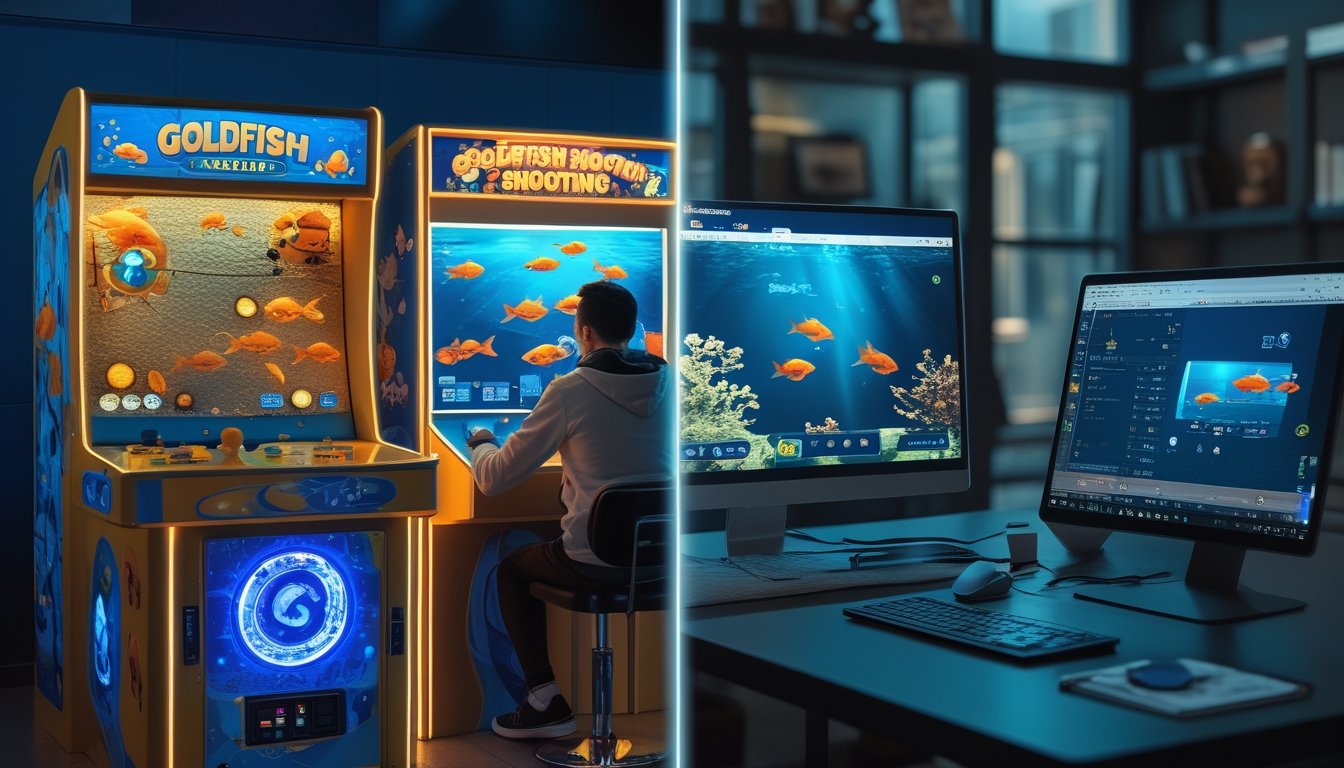 Perbandingan mesin permainan tembak ikan di arena arcade dengan permainan tembak ikan yang dimainkan melalui komputer di rumah.