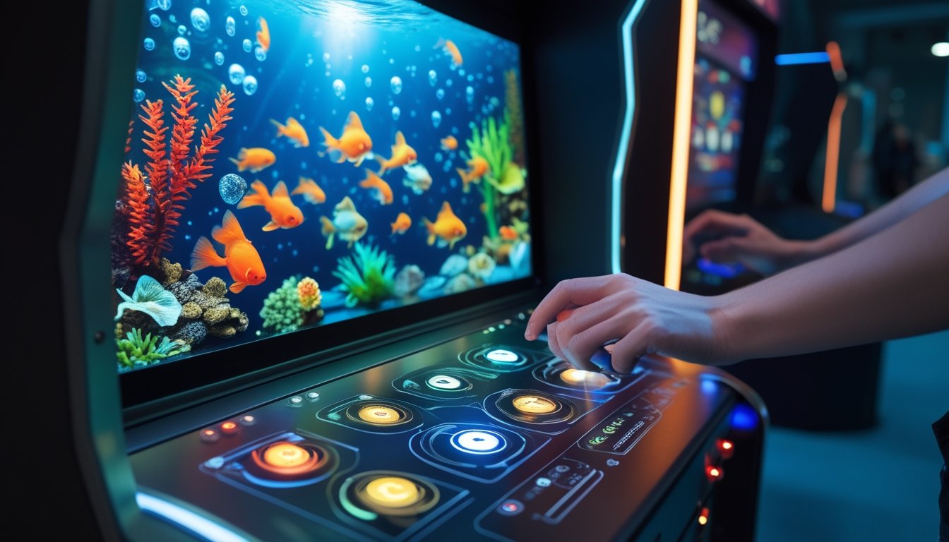 Tangan pemain memilih salah satu kendali senjata pada permainan arcade menembak ikan berwarna-warni.