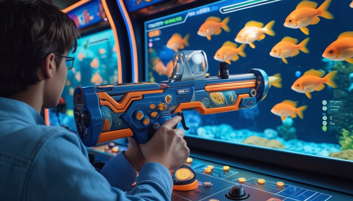 Pemain mengarahkan meriam arcade ke sekelompok ikan berwarna-warni di layar permainan bawah laut.