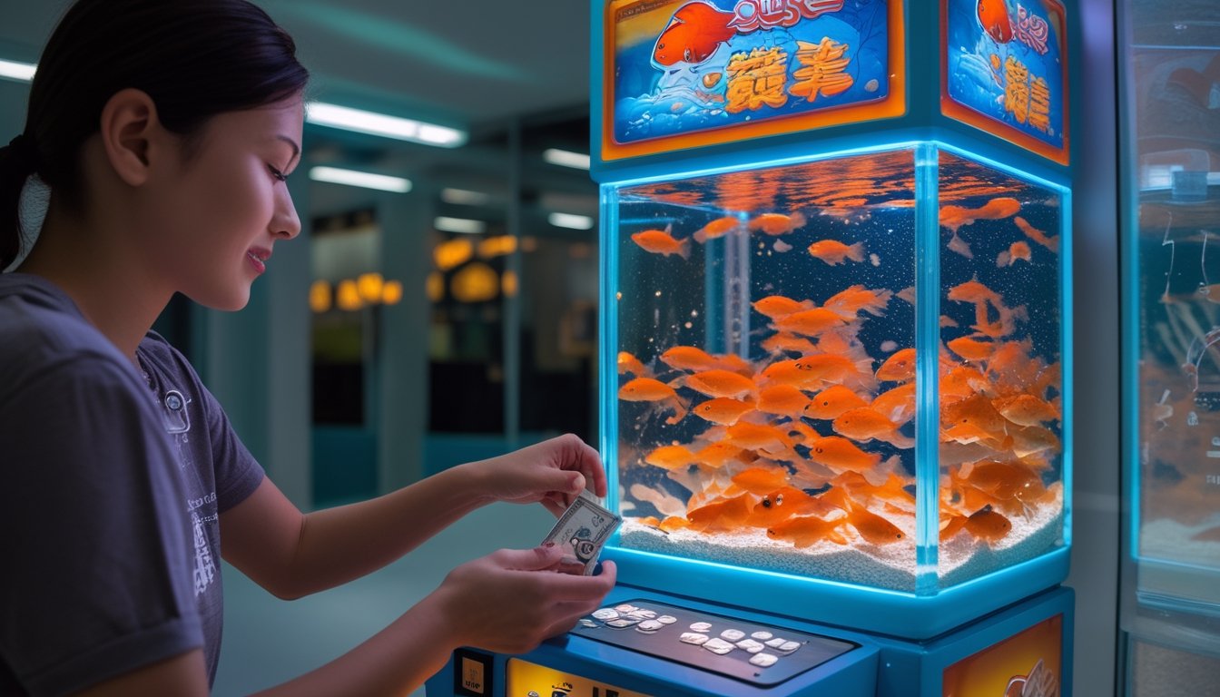 Seseorang memainkan mesin permainan ikan mas bercahaya di ruang hiburan modern.