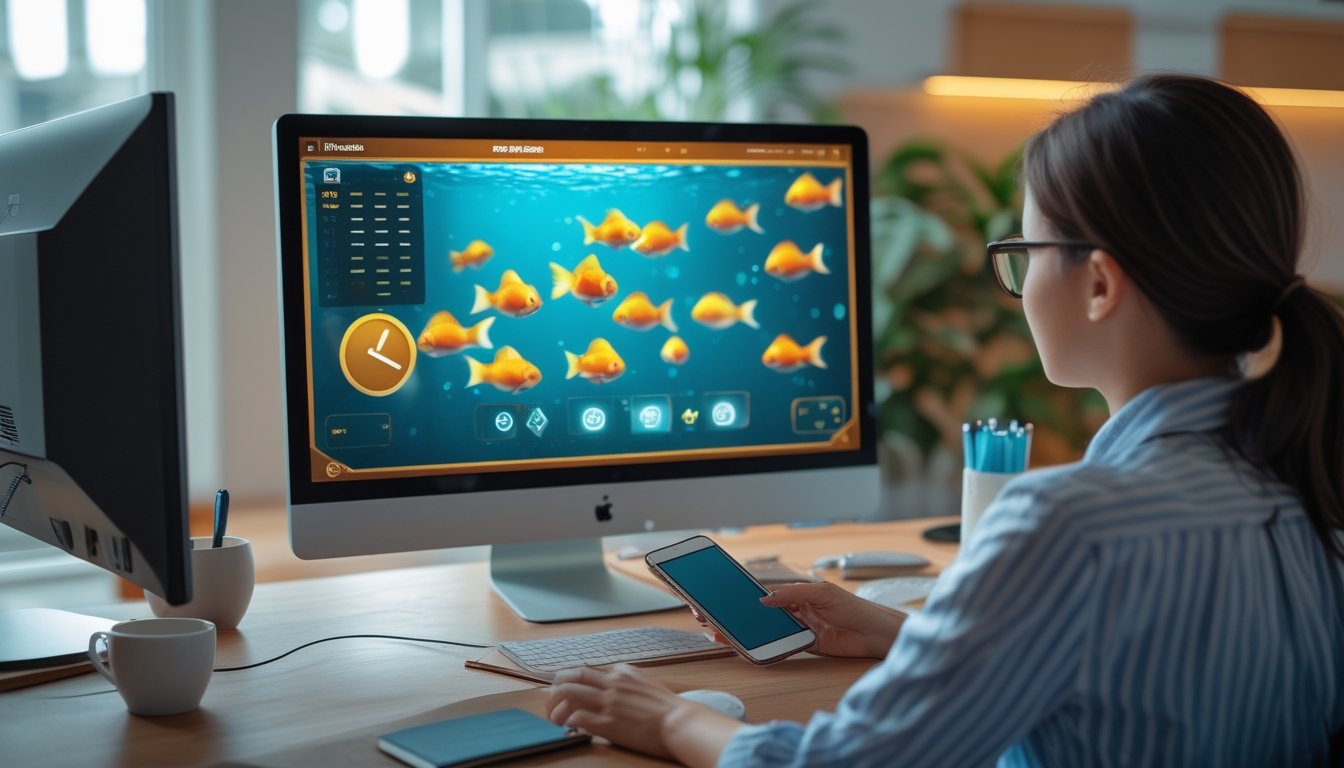 Seseorang menilai platform permainan bertema ikan mas melalui layar komputer dan daftar periksa.