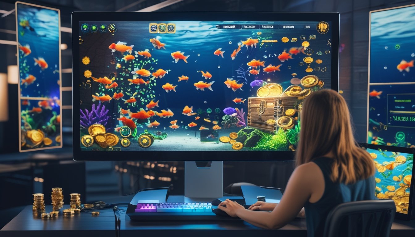 Seseorang memainkan permainan ikan emas berani di depan monitor dengan latar bawah laut yang penuh ikan warna-warni dan harta karun.