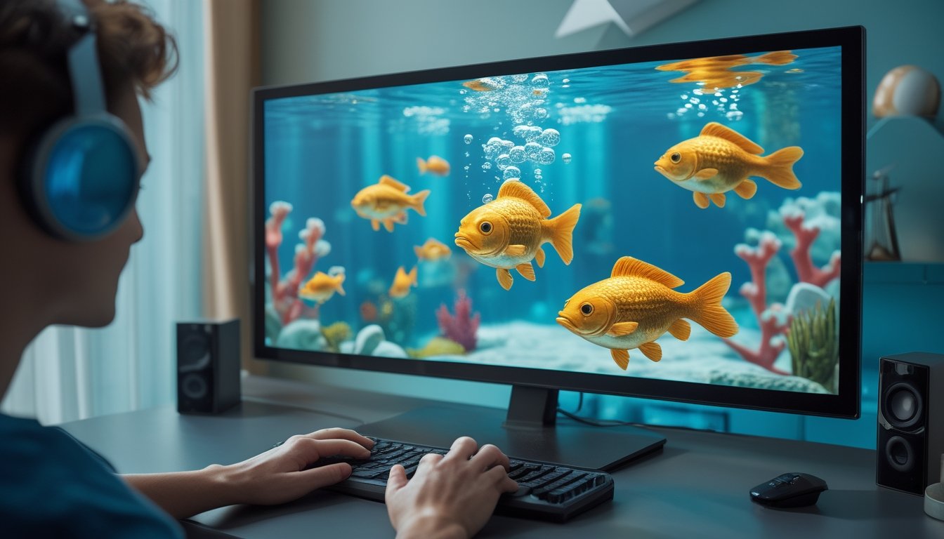 Tangan pemain mengarahkan permainan ikan di layar dengan beberapa ikan besar berenang di akuarium digital.