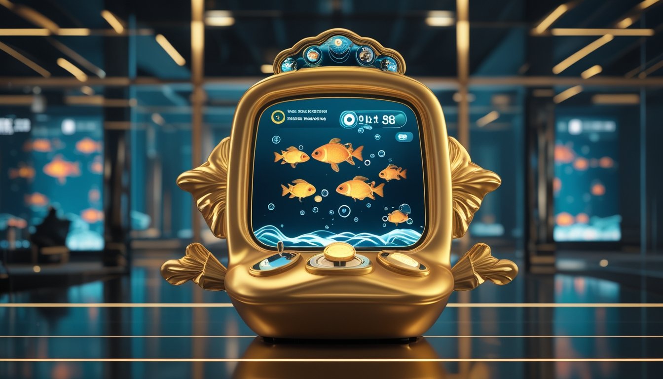 Mesin permainan arcade bertema ikan mas dengan elemen udara dan cahaya digital di studio modern.