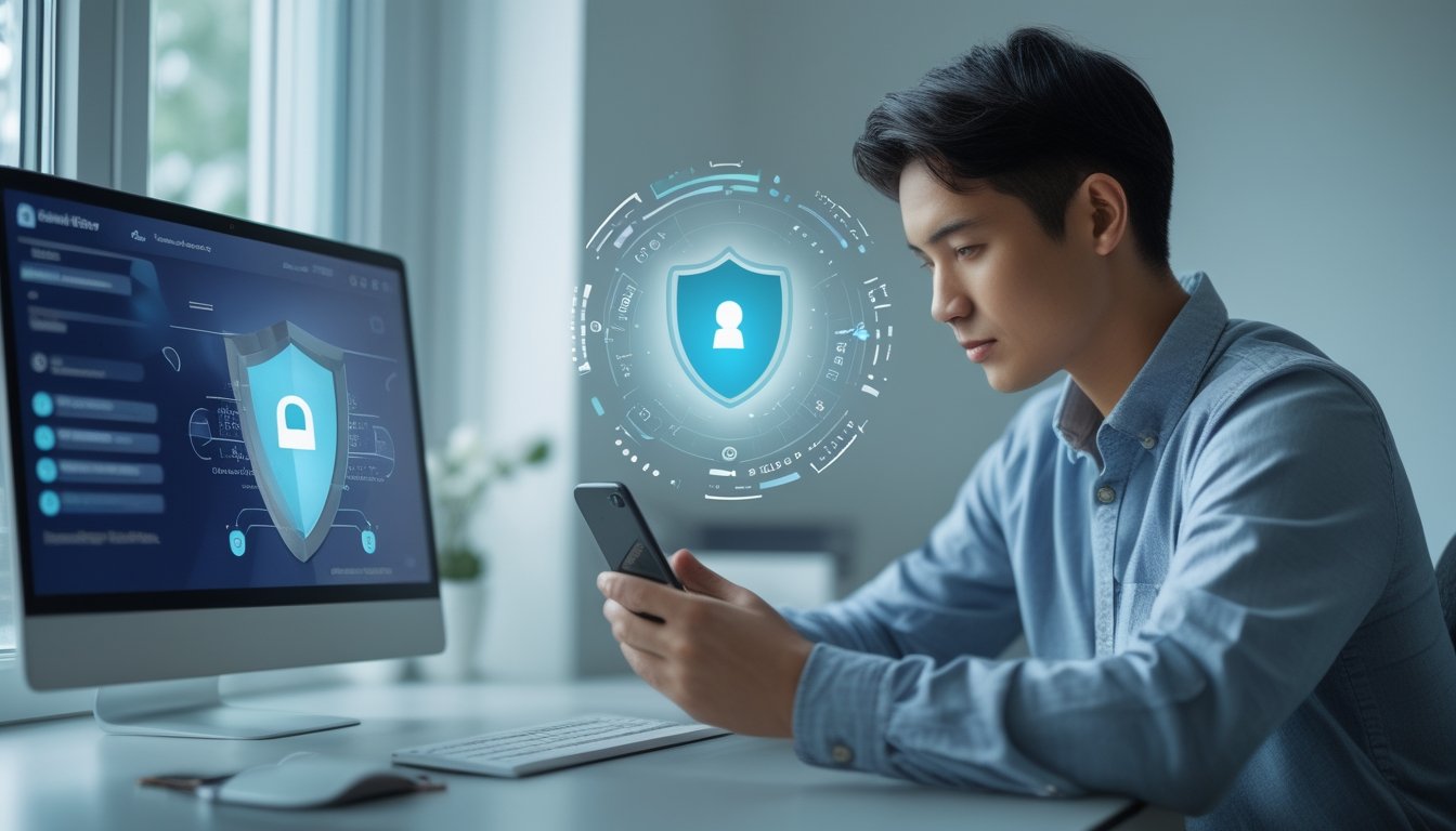 Orang dewasa meninjau platform permainan digital yang aman di ruang kerja modern.