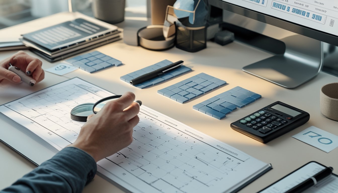 Seseorang menganalisis pola angka dan data di meja kerja dengan komputer, grafik, dan catatan.