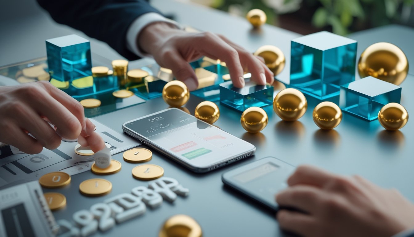 Tangan meninjau token warna-warni, kalkulator, dan grafik peluang di meja kerja modern.