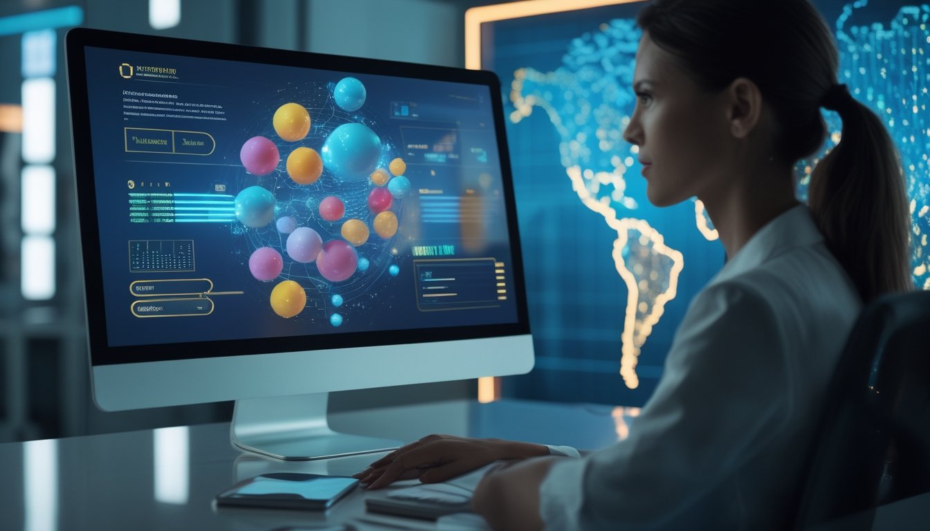 Meja kerja modern dengan monitor yang menampilkan bola angka tiga dimensi dan visualisasi data bercahaya, dengan peta dunia abstrak di latar belakang.