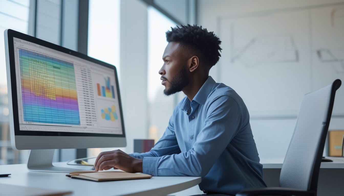 Seorang analis memeriksa pola warna dan grafik data abstrak di meja kerja.