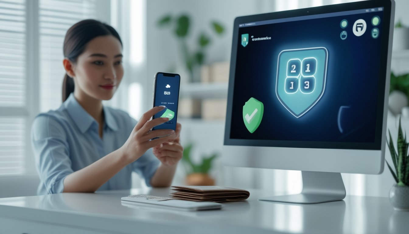 Orang dewasa menggunakan ponsel untuk memindai kode pembayaran QR di meja kerja modern.