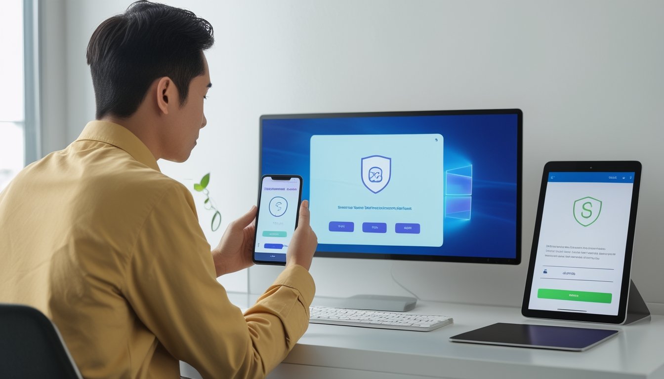 Seseorang menggunakan ponsel untuk melakukan pembayaran digital dengan tampilan ikon keamanan di meja kerja modern.