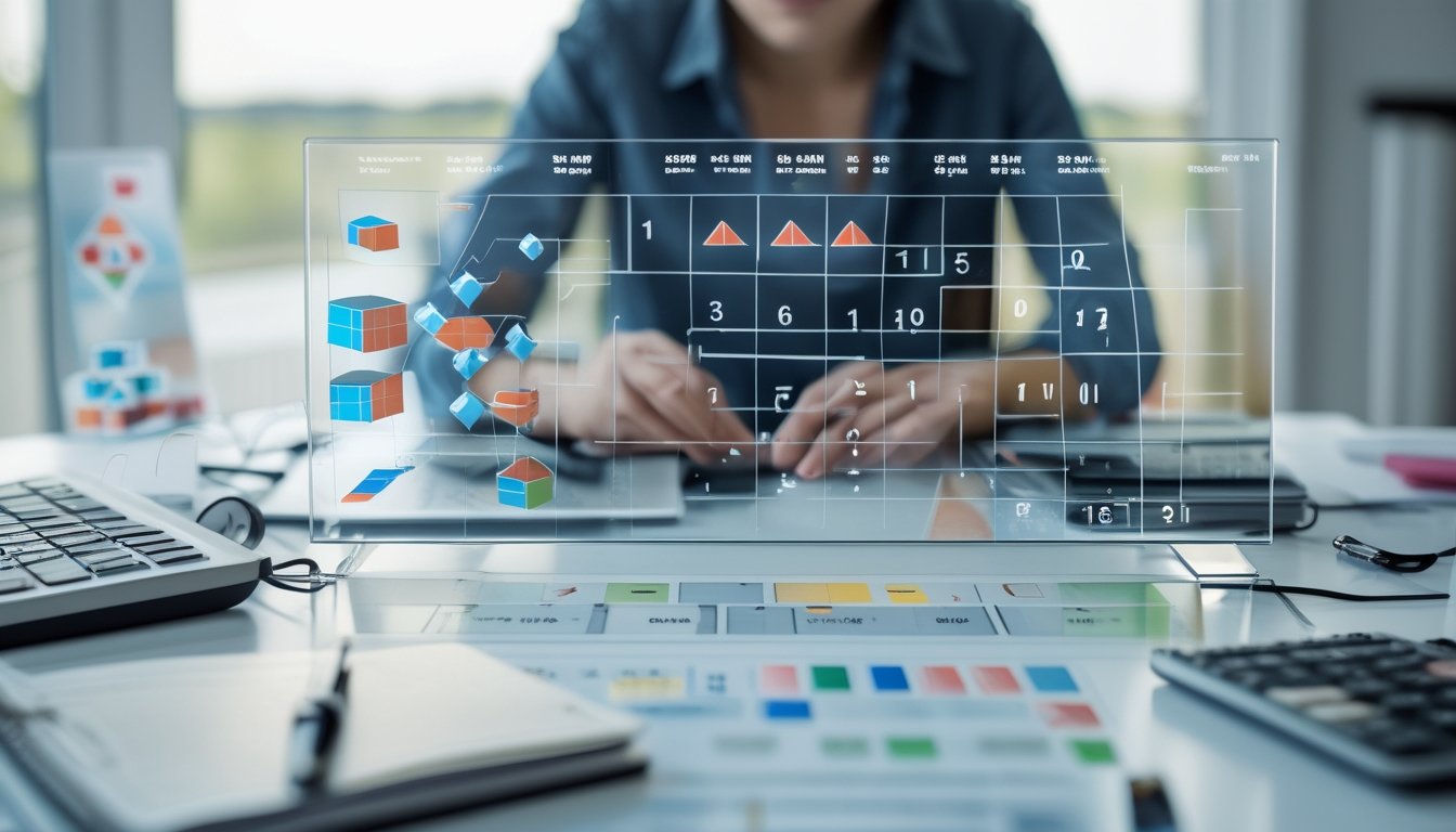 Seseorang menganalisis pola angka dan grafik probabilitas di meja kerja modern.