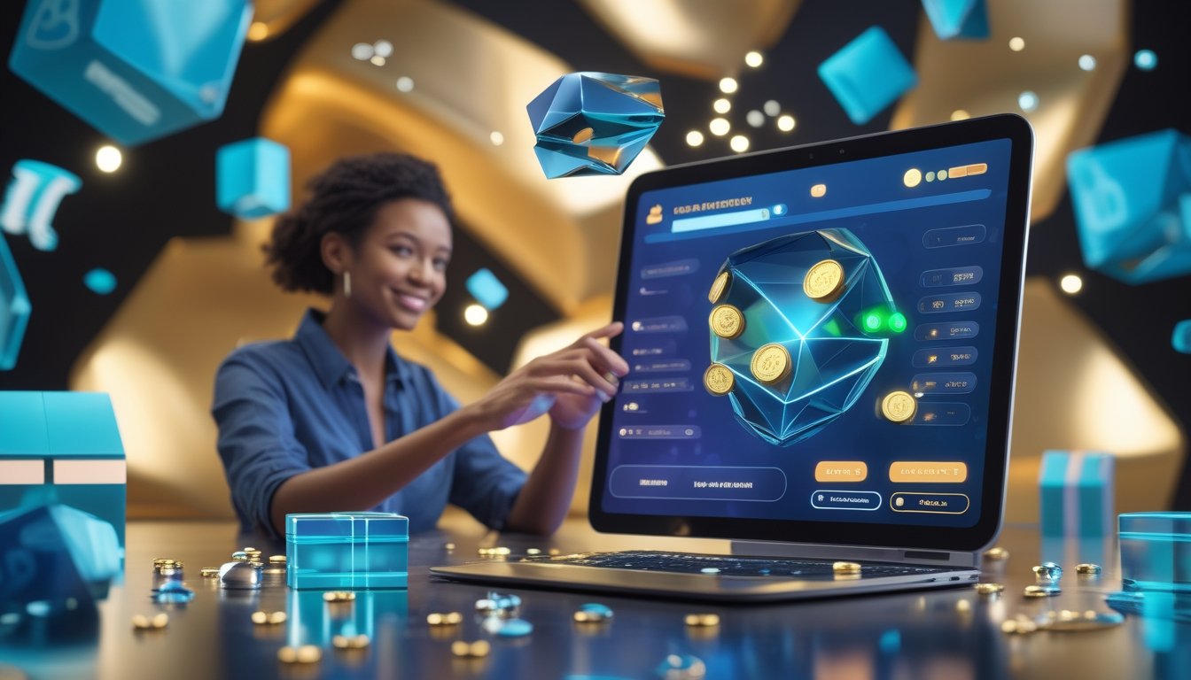 Seseorang menggunakan perangkat digital di depan platform tiga dimensi futuristik dengan elemen hadiah bercahaya.