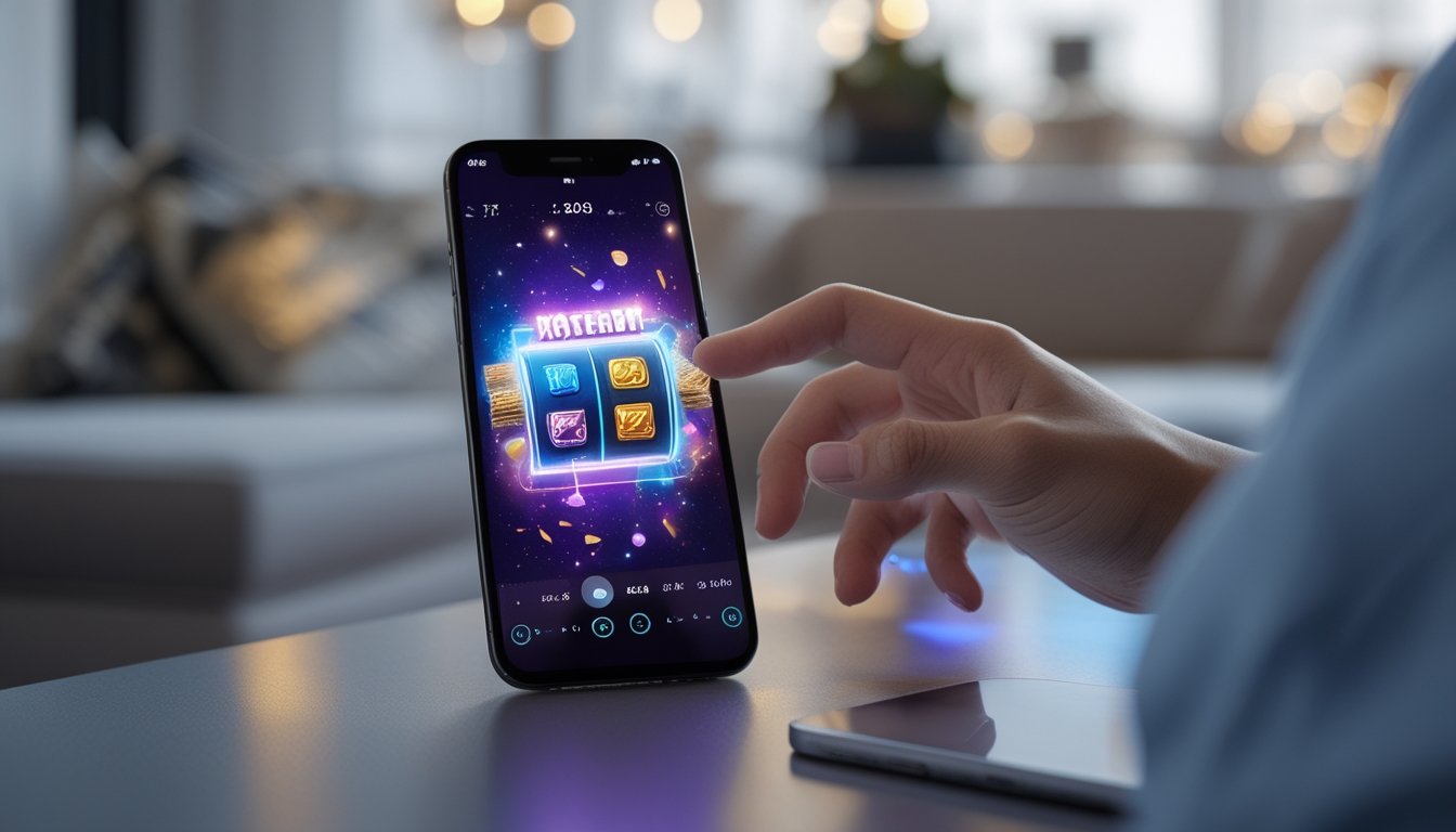 Seseorang memainkan permainan slot berwarna-warni melalui ponsel di meja modern.
