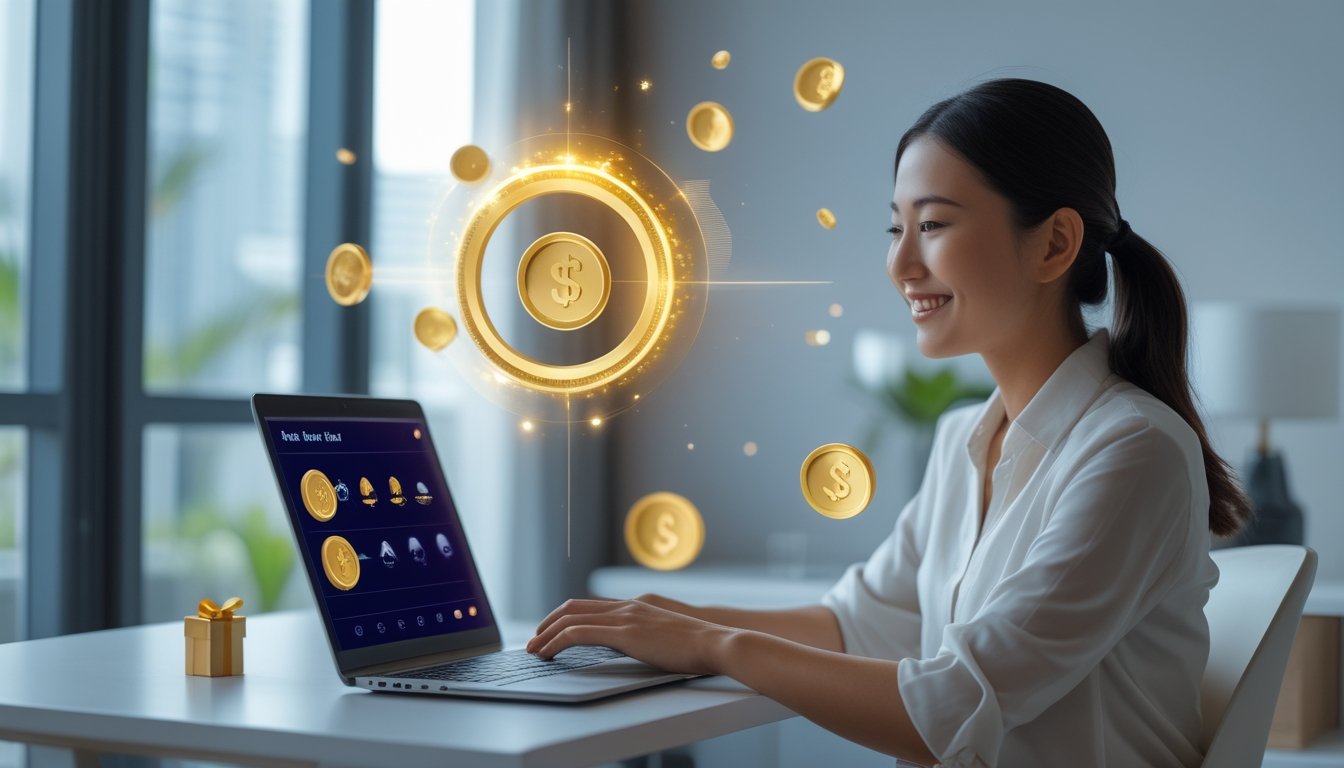Seseorang menggunakan laptop untuk melihat hadiah dan bonus dengan koin emas di meja kerja.