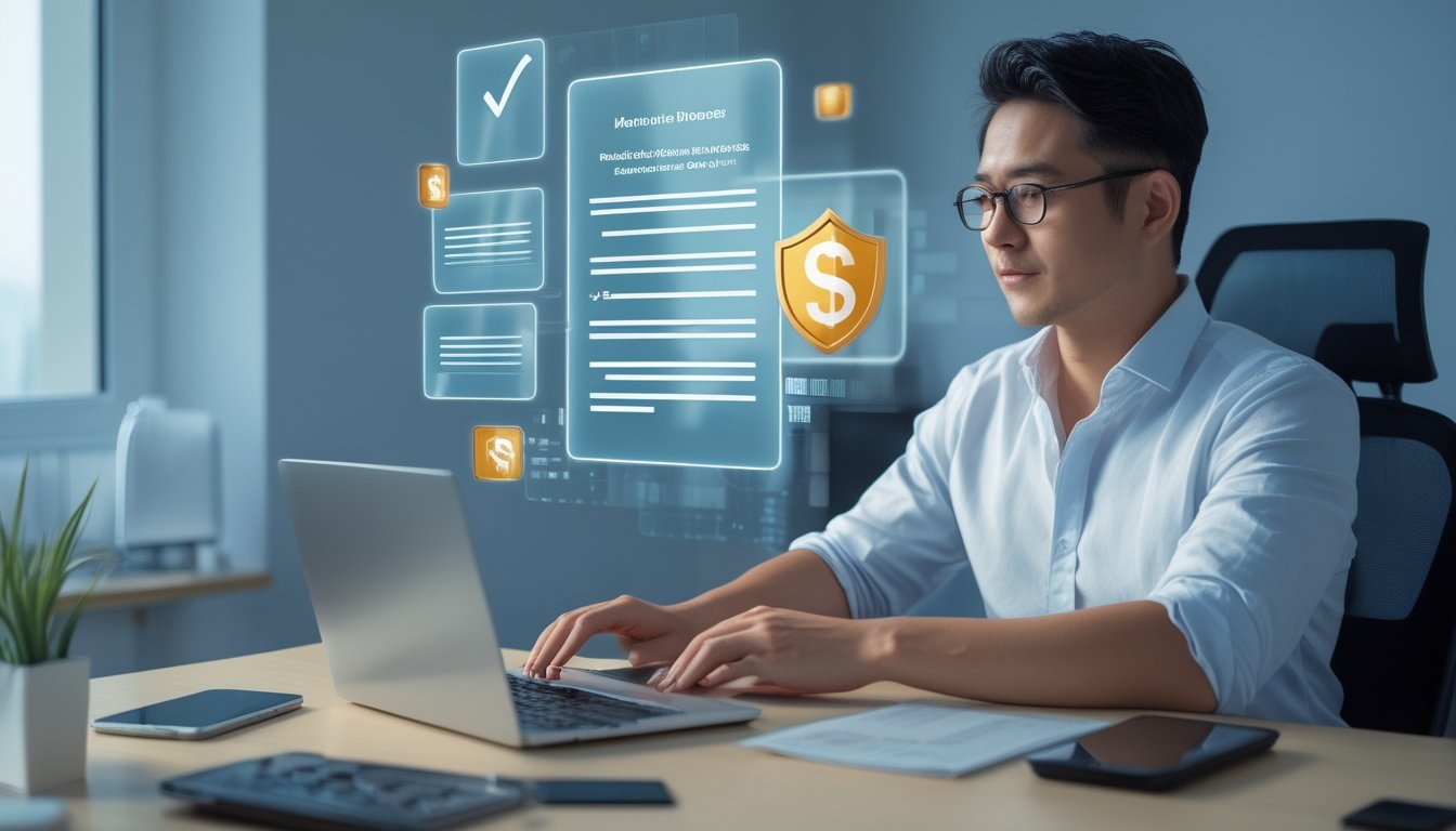 Seseorang memeriksa persyaratan bonus di laptop pada meja kerja yang rapi.