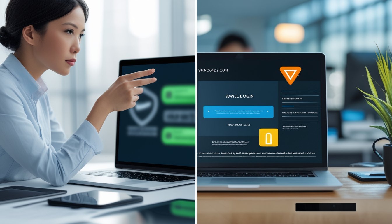 Seorang profesional membandingkan dua tampilan situs digital, dengan satu sisi terlihat aman dan sisi lainnya menunjukkan tanda peringatan.