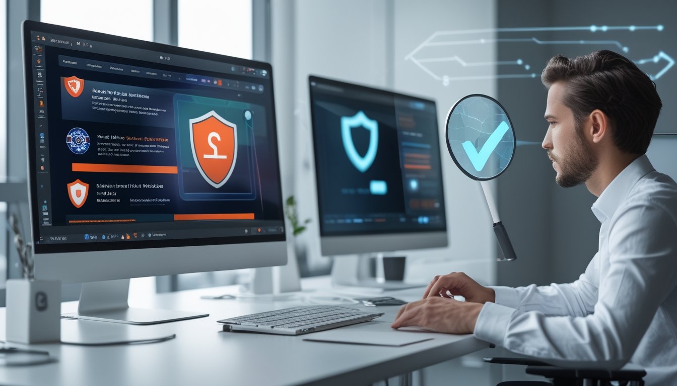 Analis keamanan siber membandingkan dua tampilan situs digital, dengan tanda peringatan pada satu layar dan simbol keamanan pada layar lainnya.