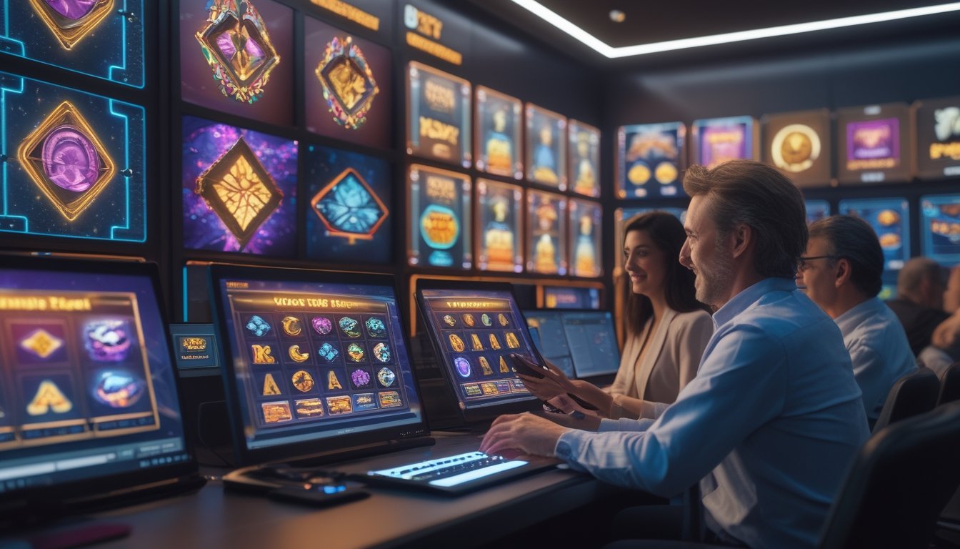 Orang-orang dewasa menikmati permainan digital bertema warna-warni pada perangkat modern di ruang hiburan bergaya futuristik.