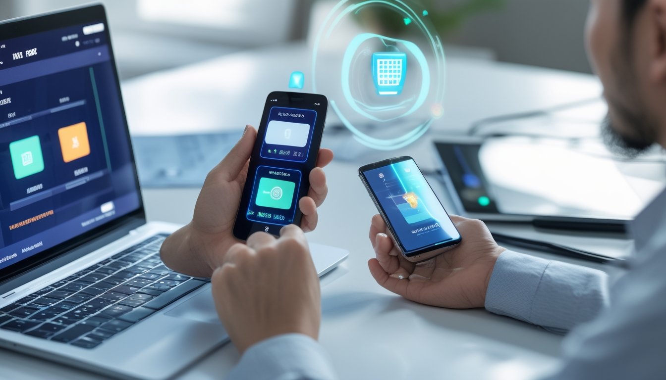 Seseorang menggunakan ponsel untuk melakukan transaksi digital dengan tampilan dompet elektronik dan perbankan abstrak.