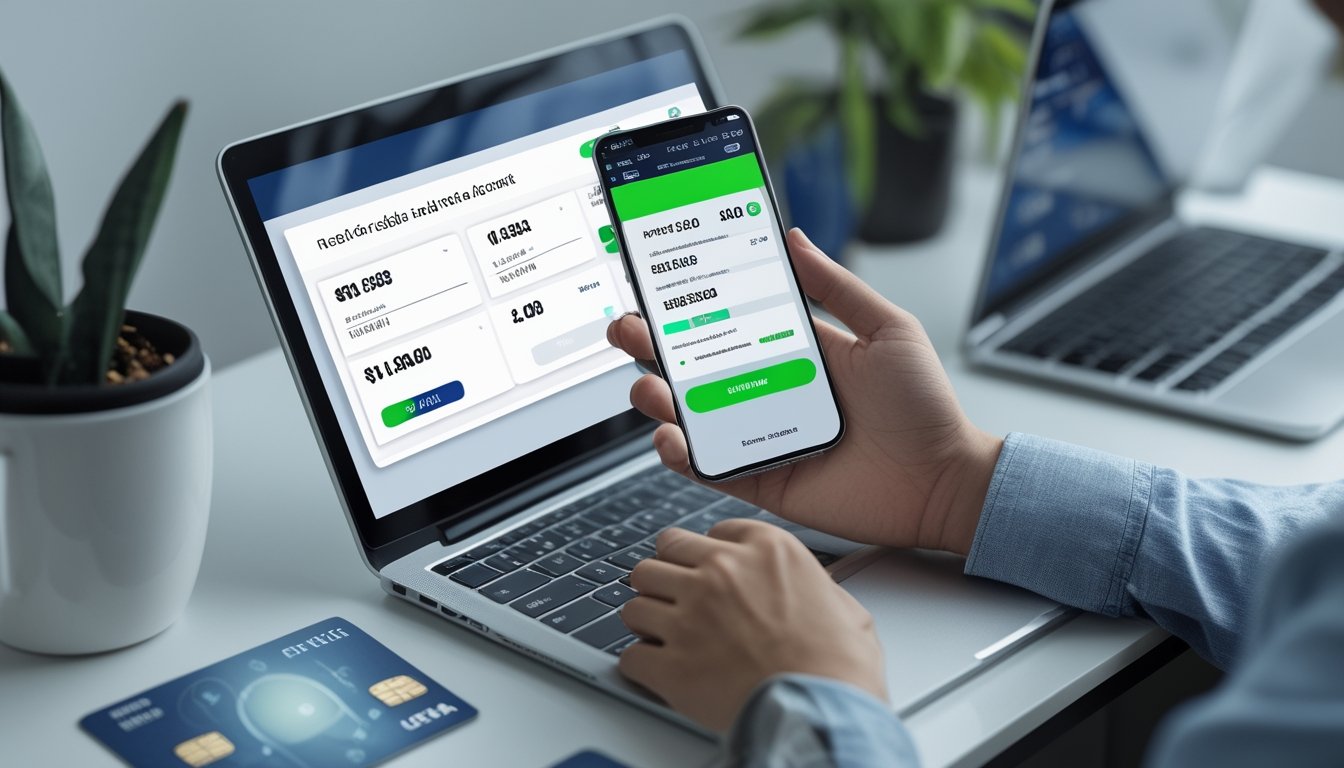 Seseorang memeriksa rincian transfer dana melalui ponsel dan laptop di meja kerja.