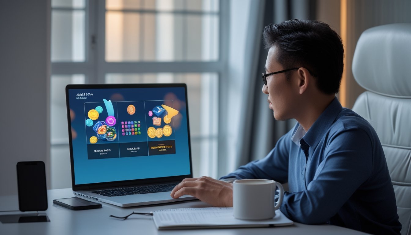 Seseorang mempelajari permainan dare di laptop pada meja kerja yang rapi.