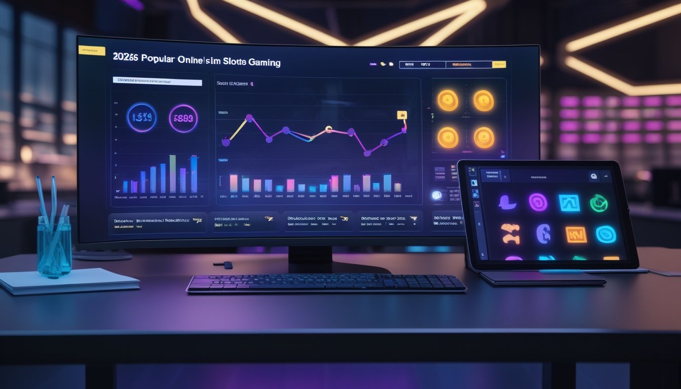 Meja kerja modern dengan layar yang menampilkan grafik tren warna-warni dan perangkat digital bertema permainan slot.