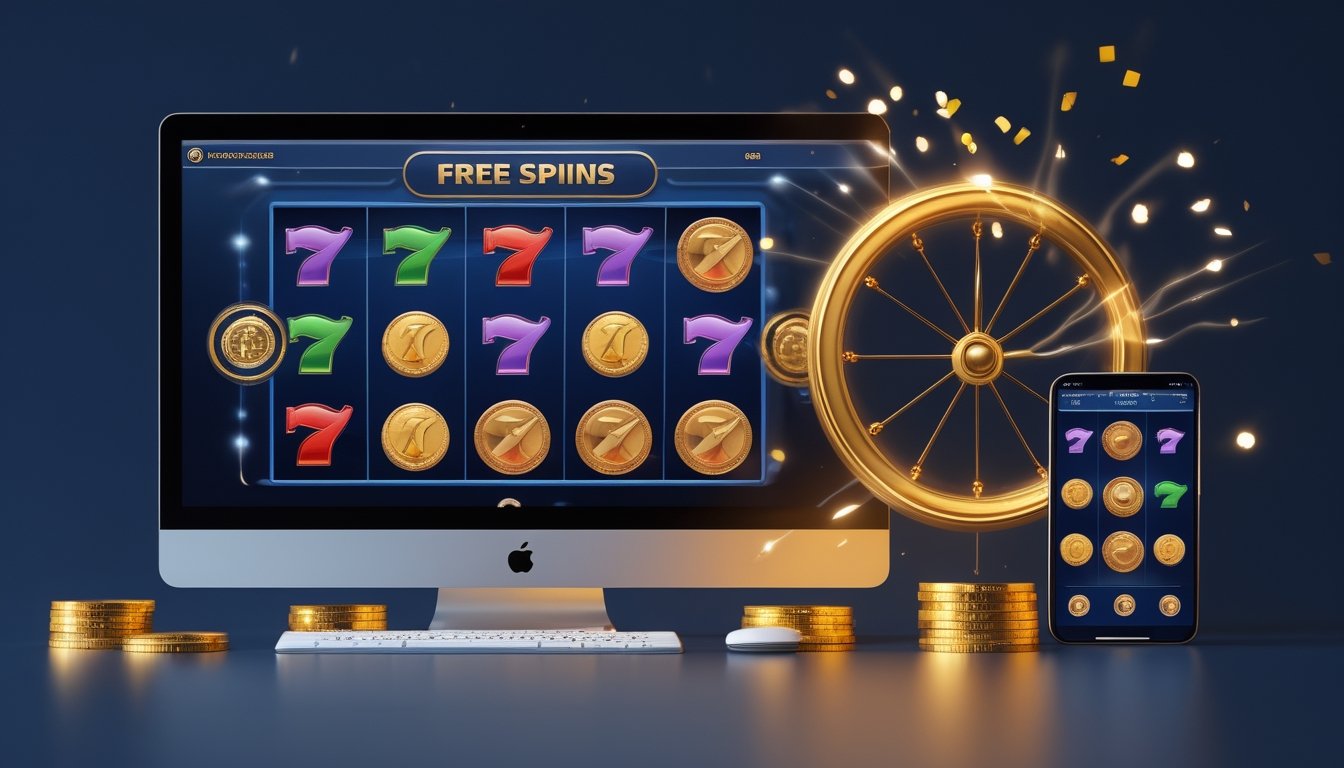 Tampilan permainan slot digital dengan bonus roda, simbol berwarna-warni, dan koin bercahaya di lingkungan modern.