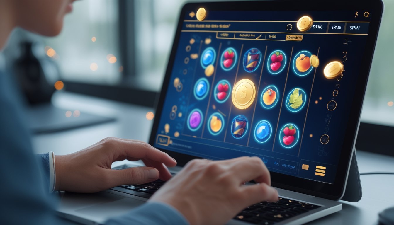 Tangan orang dewasa menggunakan tablet dengan tampilan permainan slot abstrak dan elemen visual yang melambangkan pembelian putaran gratis.