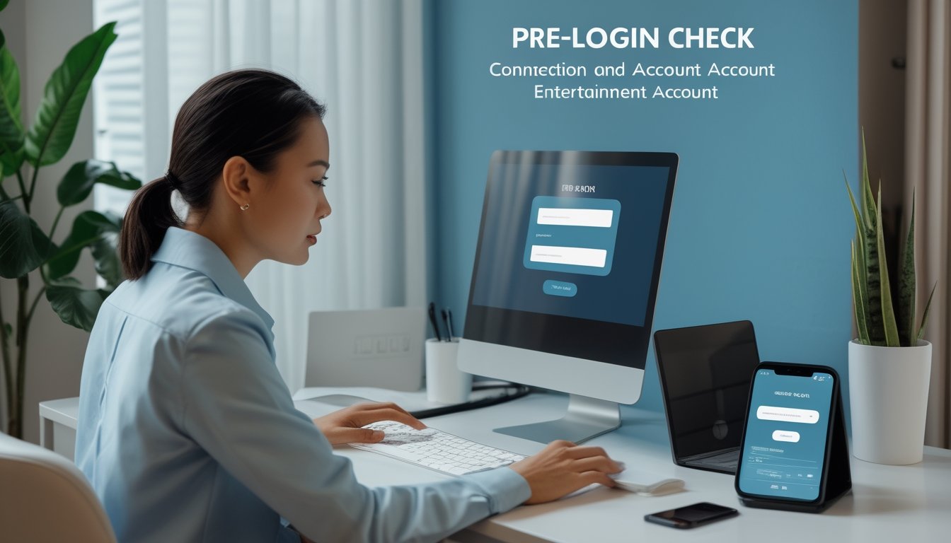 Seseorang memeriksa koneksi dan langkah keamanan sebelum masuk ke akun menggunakan laptop dan ponsel.