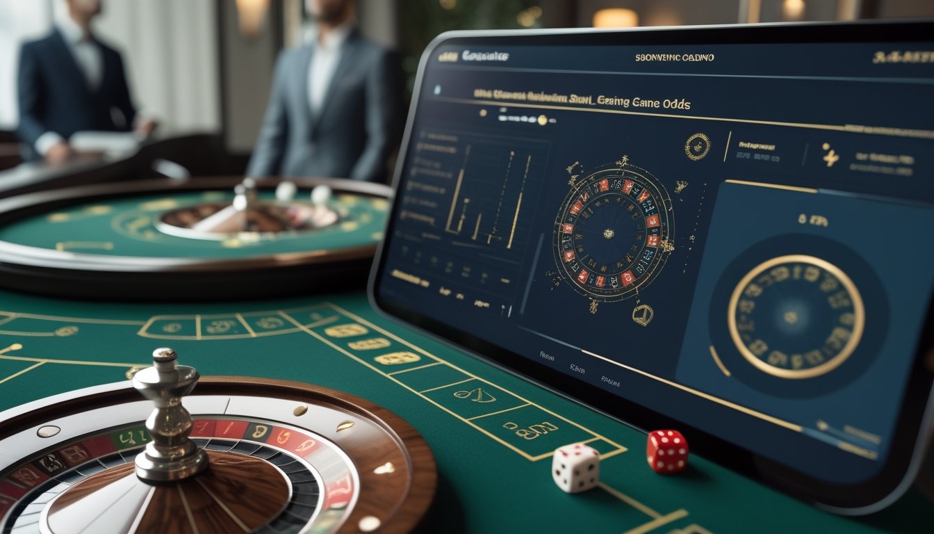 Pemain dewasa mengamati meja roulette dan Sic Bo dengan tampilan peluang digital di kasino modern.