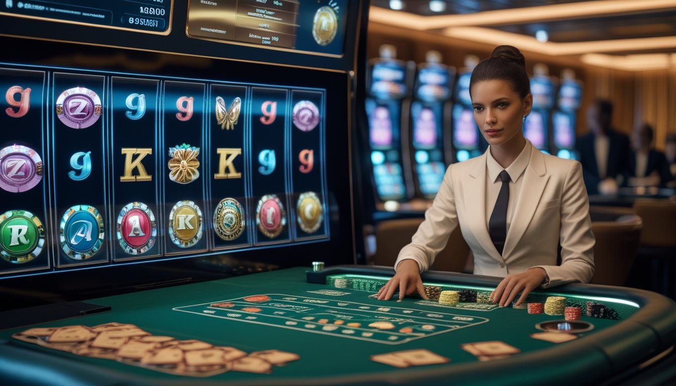 Suasana kasino modern dengan permainan slot digital dan meja live casino bersama dealer.