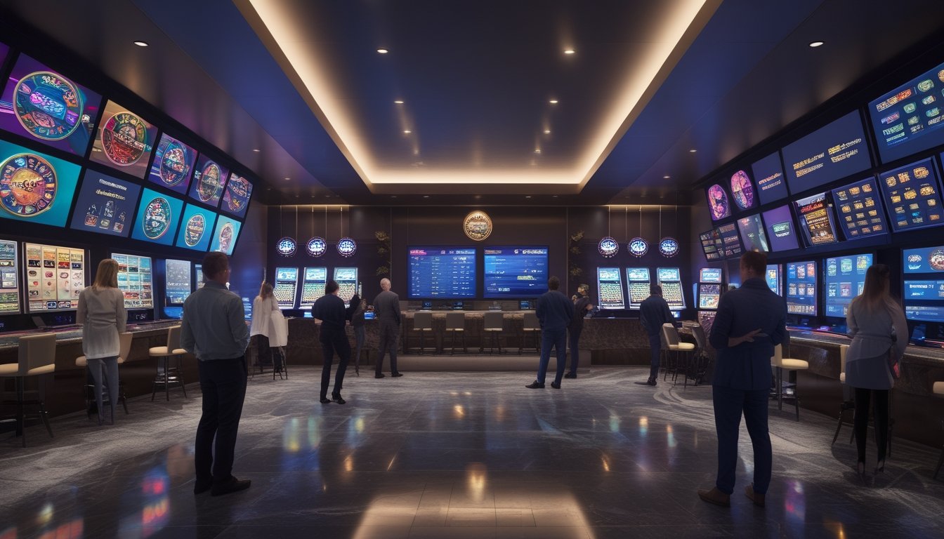 Pengunjung dewasa melihat berbagai permainan slot dan meja kasino langsung di ruang hiburan modern.