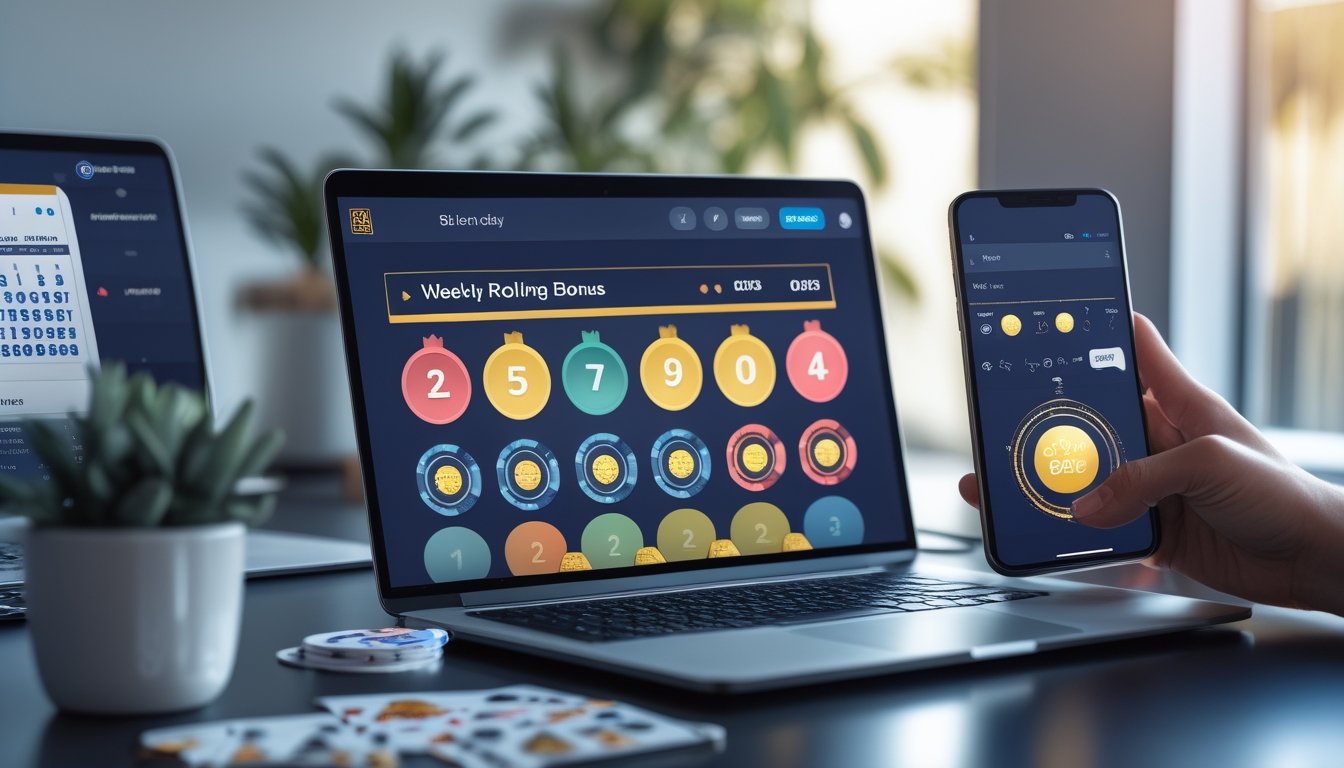 Laptop dan ponsel menampilkan antarmuka hadiah mingguan kasino online di meja kerja modern, dengan kalender, kotak hadiah, dan keping kasino.