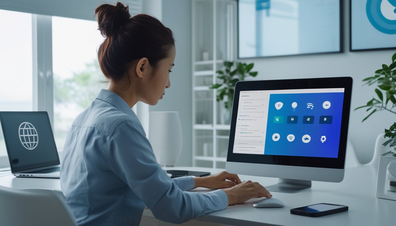 Seseorang memeriksa laptop dengan simbol keamanan jaringan di ruang kerja modern.