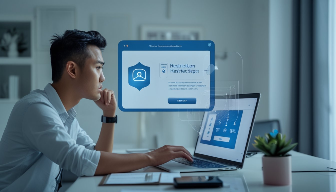 Seseorang melihat laptop dengan simbol mengambil akses internet di ruang kerja modern.