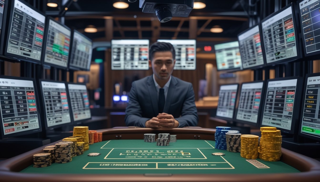Pemain dewasa membandingkan beberapa meja kasino live dengan kartu, koin taruhan, dan roda roulette di studio modern.