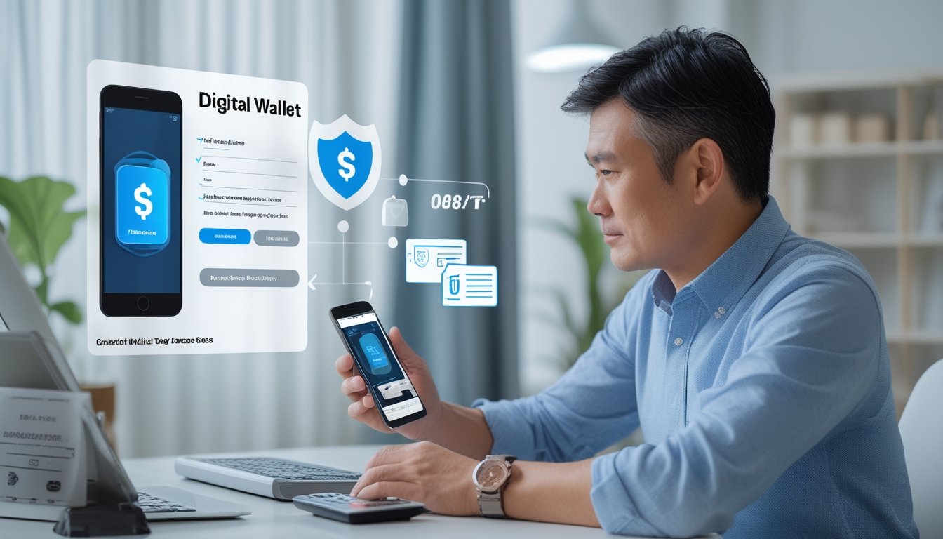 Orang dewasa memeriksa pembayaran digital dan dokumen kebijakan di meja kerja.