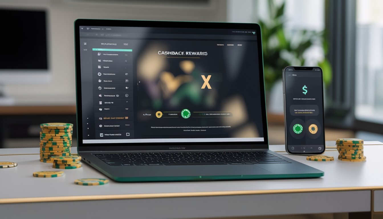 Laptop dan ponsel menampilkan antarmuka kasino digital abstrak di atas meja modern, dengan kartu dan keping kasino di sekitarnya.