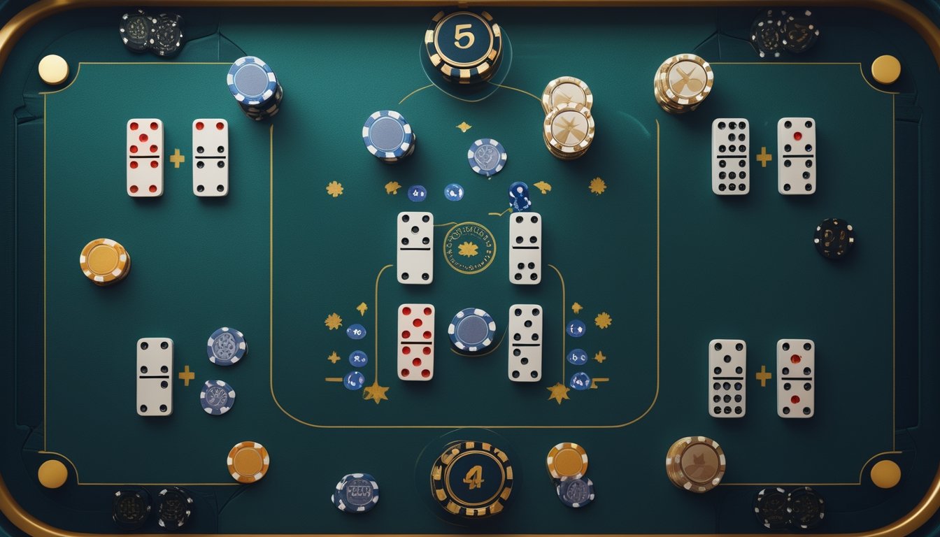 Kartu domino disusun dalam beberapa kombinasi di atas meja permainan dengan keping taruhan berwarna-warni.