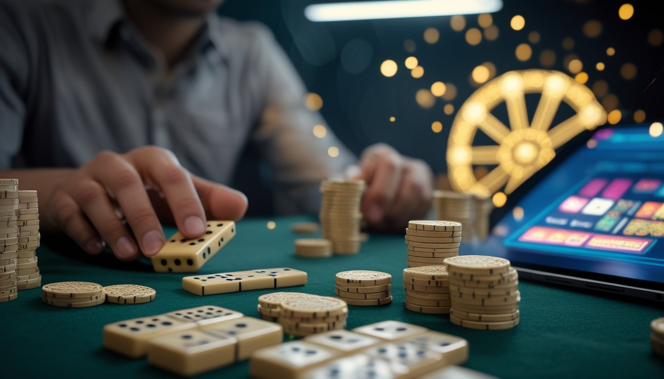 Meja permainan domino dengan keping domino, chip, dan perangkat digital dalam suasana elegan.