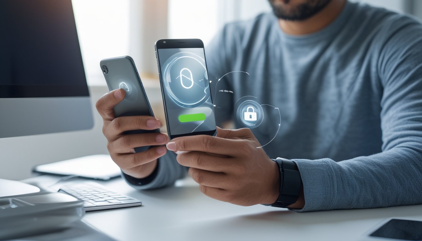 Orang dewasa menggunakan ponsel dengan dompet digital dan simbol keamanan untuk transaksi online.
