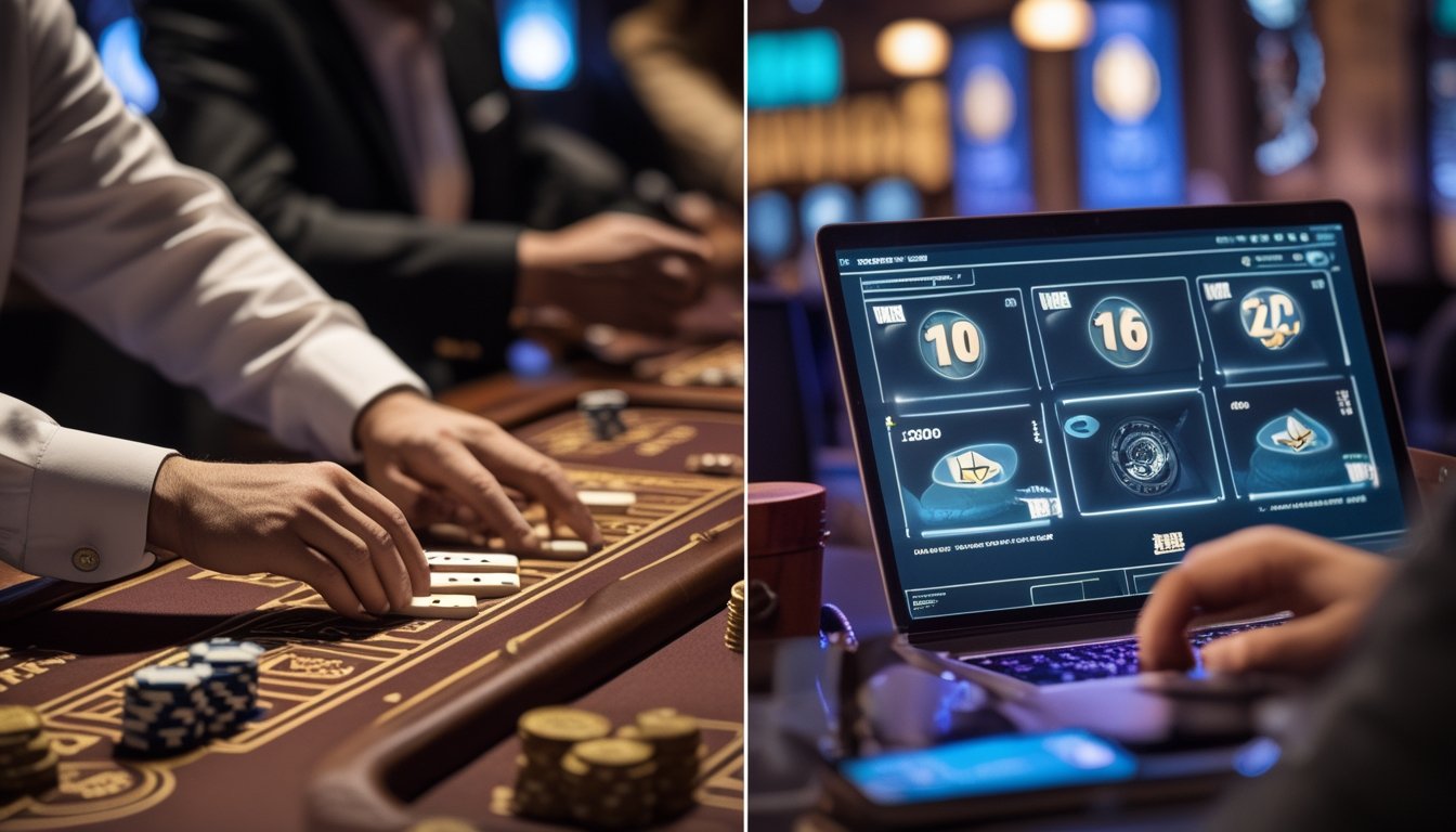 Perbandingan suasana permainan ceme konvensional di meja fisik dengan sistem jackpot progresif online melalui perangkat digital.